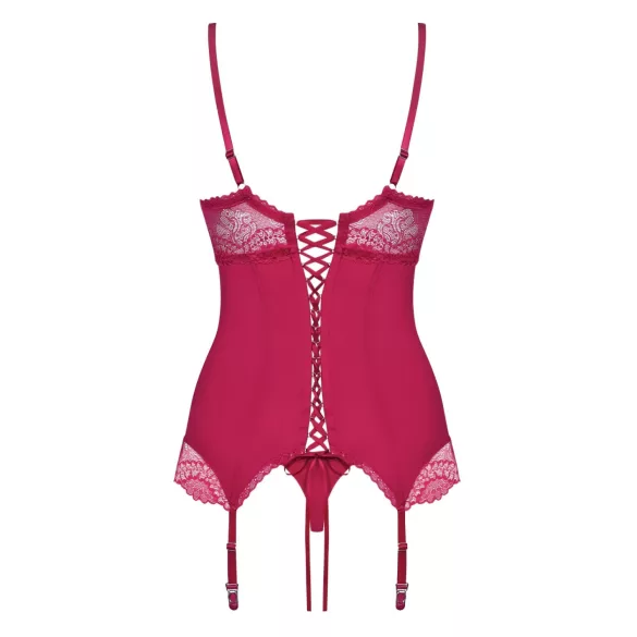Obsessive Rosalyne - karminowe gorsetowe body z paskami do pończoch i stringami (S/M)