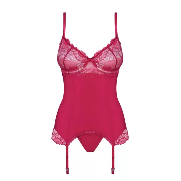 Obsessive Rosalyne - karminowe gorsetowe body z paskami do pończoch i stringami (S/M)