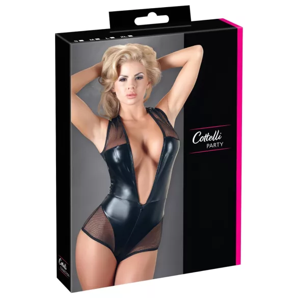 Cottelli - body z błyszczącej siateczki - czarne - XL