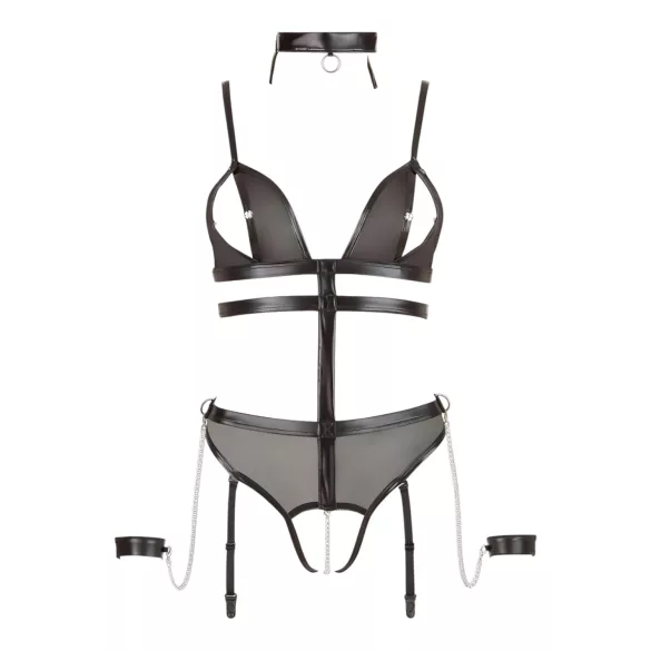 Cottelli Bondage - body z paskami i łańcuszkami - otwarte - czarne - L