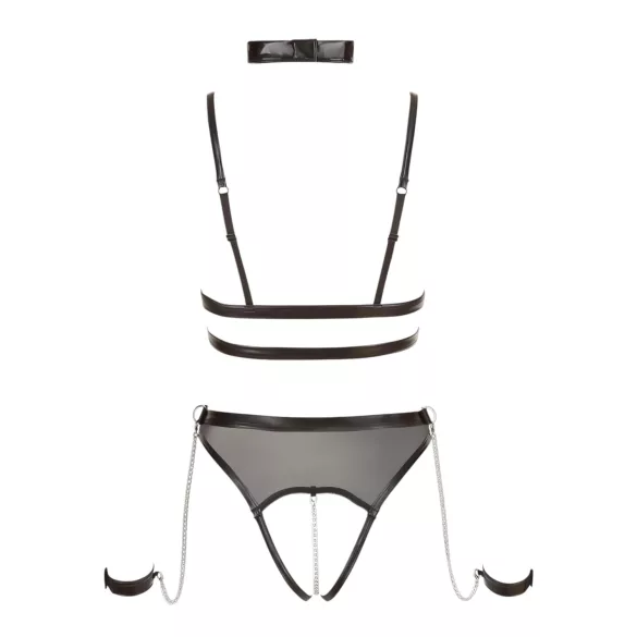 Cottelli Bondage - body z paskami i łańcuszkami - otwarte - czarne - L