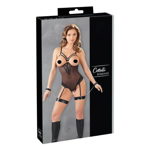 Cottelli Bondage - czarne body z metalowymi pierścieniami i kajdankami