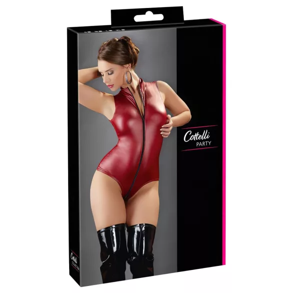 Cottelli Party - błyszczące, bezrękawnikowe body z zamkiem (czerwone)
