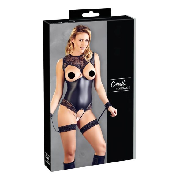 Cottelli Bondage - błyszczące otwarte body i kajdanki (czarne)