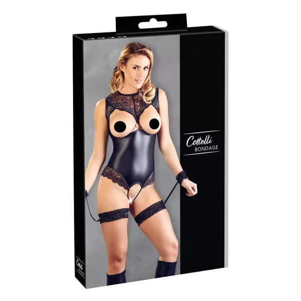 Cottelli Bondage - body z otwartym krokiem i kajdanki na ręce - M