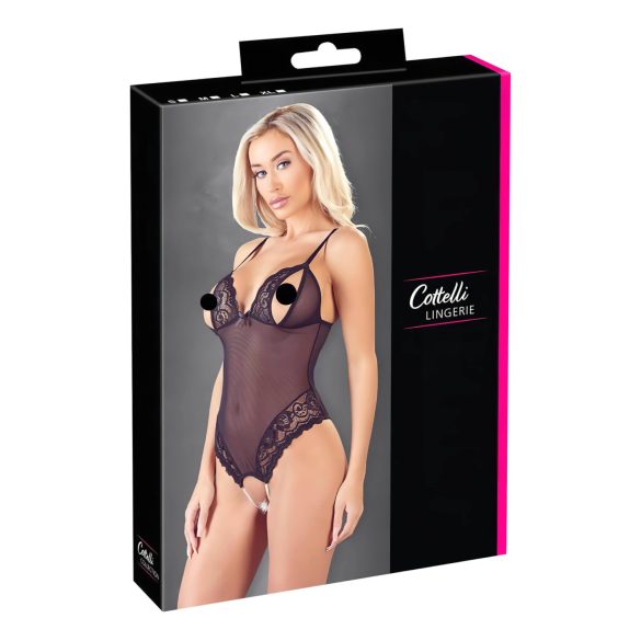 Cottelli - koronkowe, perłowe body otwarte (czarne) - XL