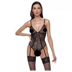   Cottelli - body z pasem do pończoch - koronkowy, otwarty - czarny - M