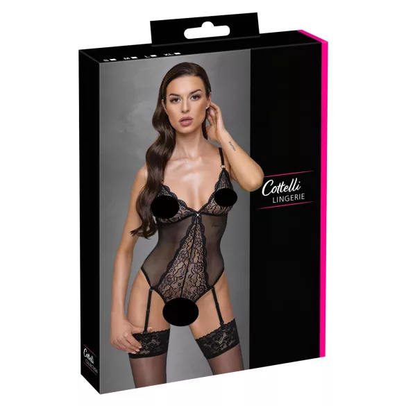 Cottelli - body z pasem do pończoch - koronkowy, otwarty - czarny - XL