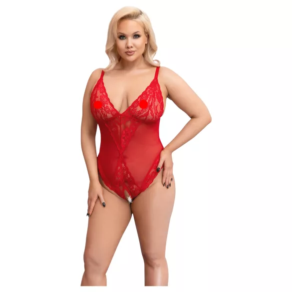 Cottelli Curves - body z przezroczystej koronki - czerwony - 3XL