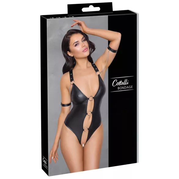 Cottelli Bondage - body erotyczne otwarte z pierścieniem - błyszczące czarne - M