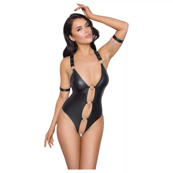 Cottelli Bondage - body erotyczne otwarte z pierścieniem - błyszczące czarne - M
