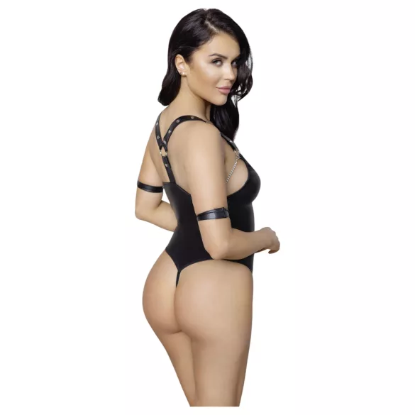 Cottelli Bondage - body erotyczne otwarte z pierścieniem - błyszczące czarne - L