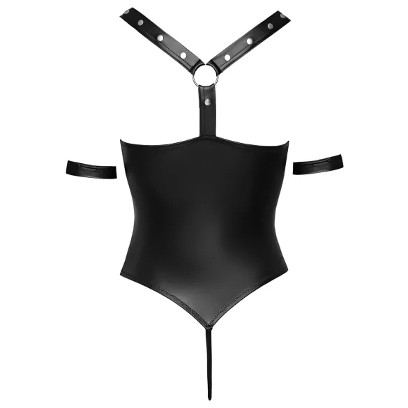 Cottelli Bondage - body erotyczne otwarte z pierścieniem - błyszczące czarne - L