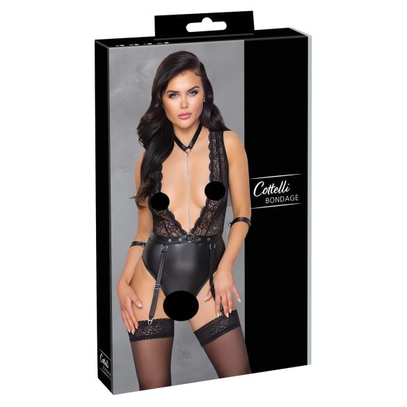 Cottelli Bondage - koronkowe body z kołnierzem (czarne) - M