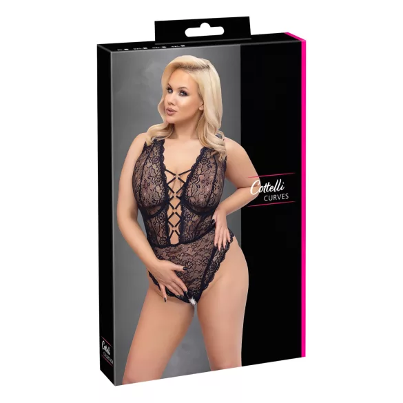 Cottelli Curves Plus Size - body damskie przezroczyste wzorzyste - czarne