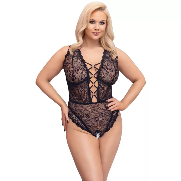 Cottelli Curves Plus Size - body damskie przezroczyste wzorzyste - czarne - 90D/XL