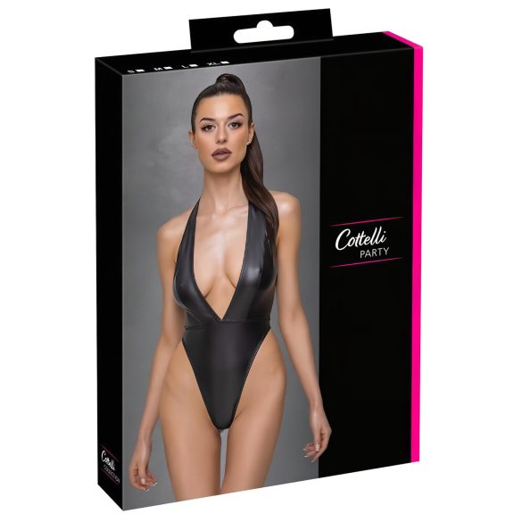 Cottelli Party - błyszczące body z kołnierzykiem (czarne) - M