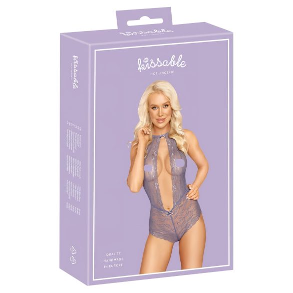 Całusowy - koronkowe body z kołnierzykiem (fioletowe) - L/XL