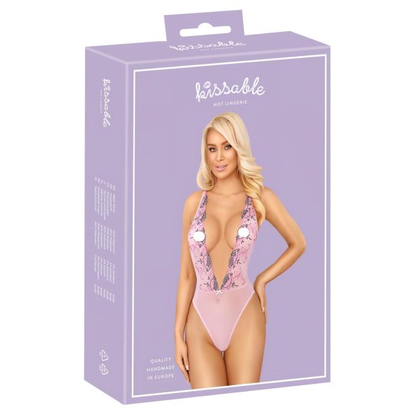 Kissable - koronkowe body z różowym haftem - L/XL