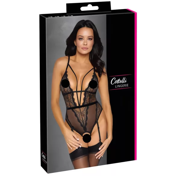 Cottelli - body otwarte z paskami i podwiązkami - czarny - XL