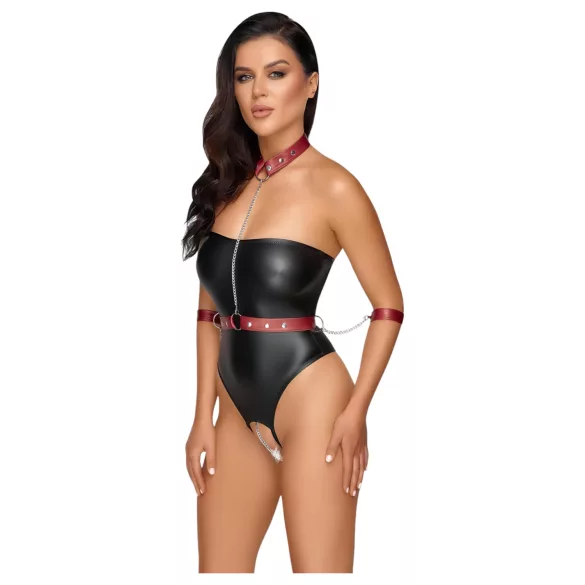 Cottelli Bondage - body z kajdankami na ręce - błyszczące - czarne