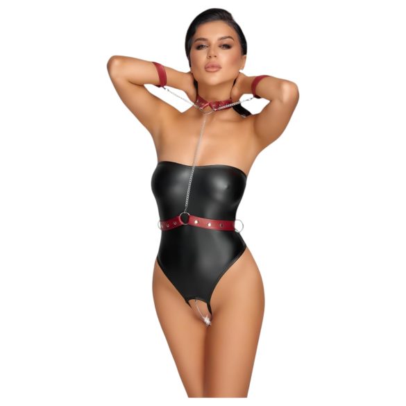 Cottelli Bondage - Połyskujące body z mankietami (czarne) - L