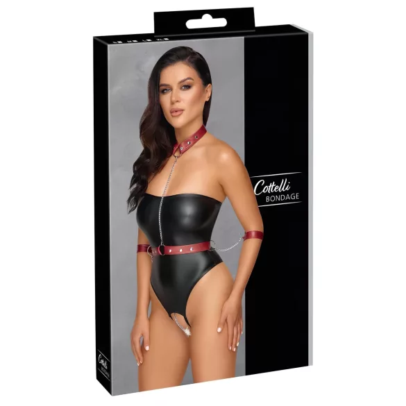 Cottelli Bondage - body z kajdankami na ręce - błyszczące - czarne - L