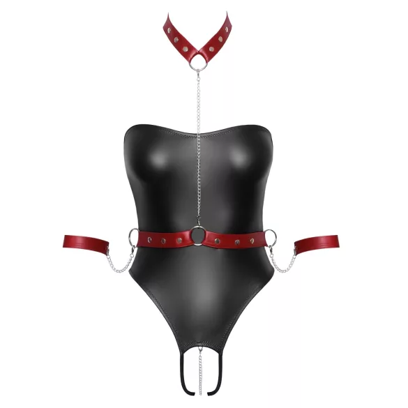 Cottelli Bondage - body z kajdankami na ręce - błyszczące - czarne - L