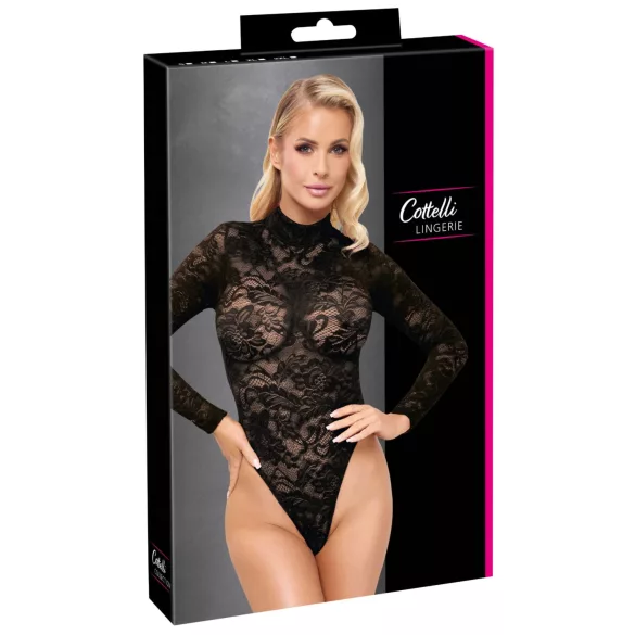 Cottelli - koronkowe body z długim rękawem (czarne) - S - M