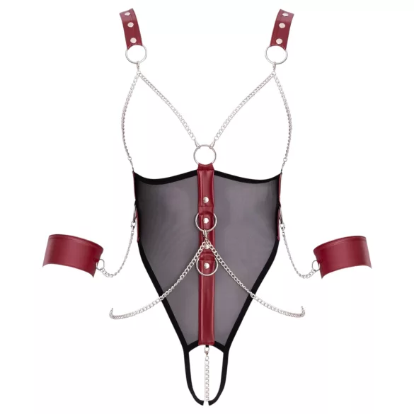 Cottelli Bondage - body otwarte z paskami i łańcuchem - czarne