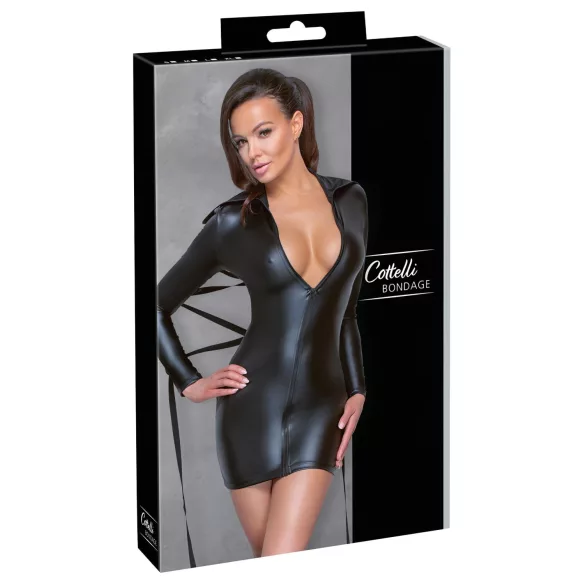 Cottelli Bondage - sukienka lateksowa z paskiem do wiązania - czarna - M