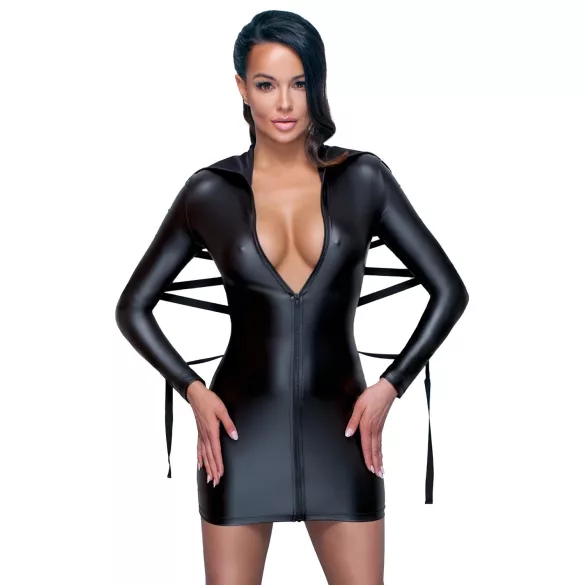 Cottelli Bondage - sukienka lateksowa z paskiem do wiązania - czarna - L