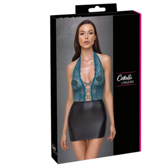 Cottelli - sukienka mini sznurowana koronka błyszcząca czarno-zielona - XL