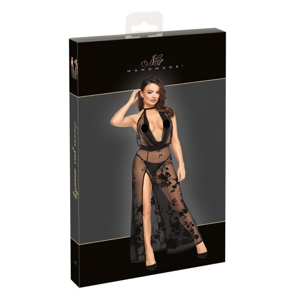 Noir - przezroczysta czarna sukienka maxi w kwiaty - L