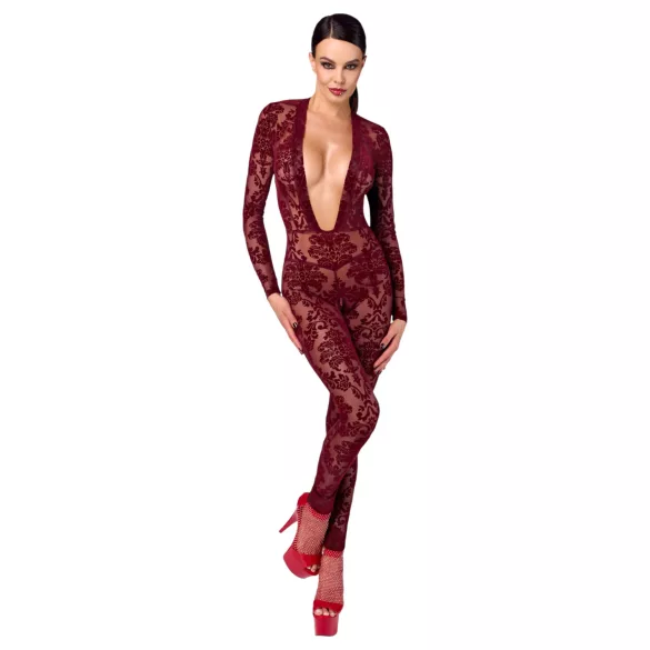 Noir Kink Royal - bodystocking siateczkowy - przezroczysty czerwony - L