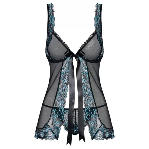 Obsessive - babydoll z haftem i stringi - czarno-turkusowy