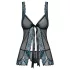 Obsessive - babydoll z haftem i stringi - czarno-turkusowy