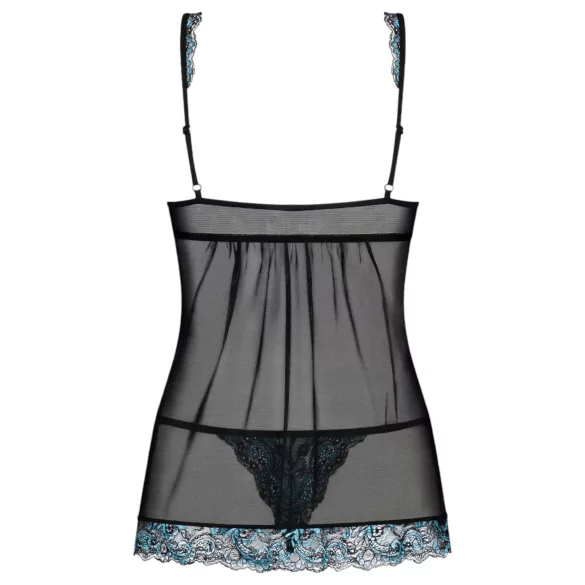 Obsessive - babydoll z haftem i stringi - czarno-turkusowy