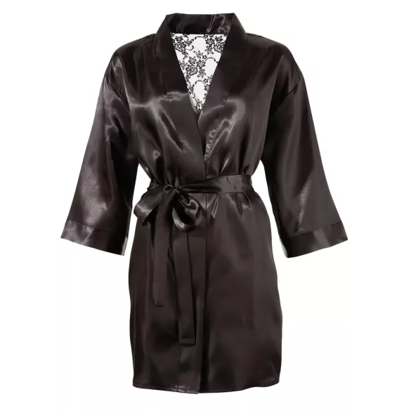 Cottelli - szlafrok damski krótki - satyna i koronka - czarny - L/XL