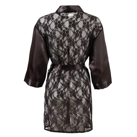 Cottelli - szlafrok damski krótki - satyna i koronka - czarny - L/XL