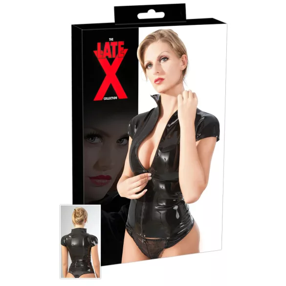 LATEX - bluzka damska z krótkim rękawem i zamkiem - lateks czarna - 2XL