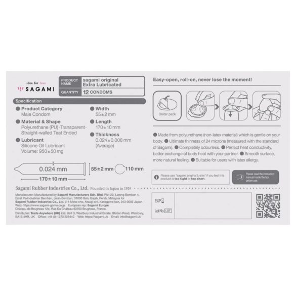 Sagami Original 0.02 - prezerwatywy - bardzo cienkie, nawilżane - 55mm, 12 szt.