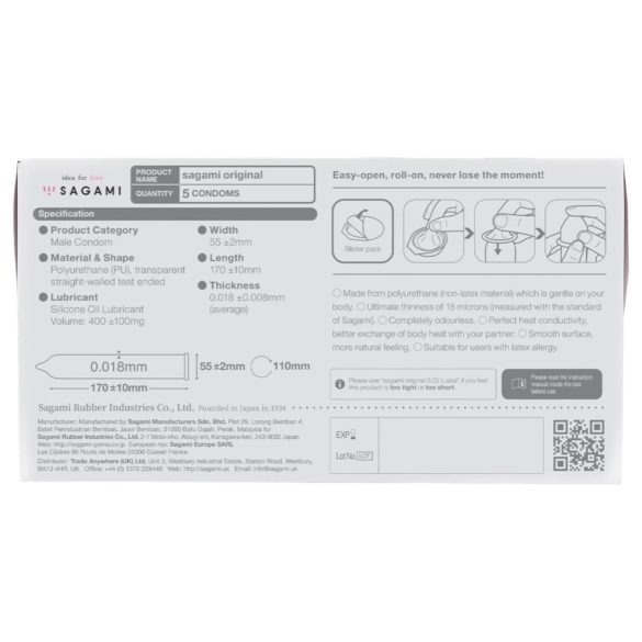 Sagami Original 0.01 - prezerwatywy - ultracienkie - 55mm - 5 sztuk
