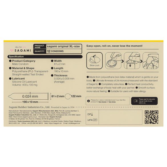 Sagami Original 0,02 XL - prezerwatywy - ultracienkie - 61mm - 12 sztuk