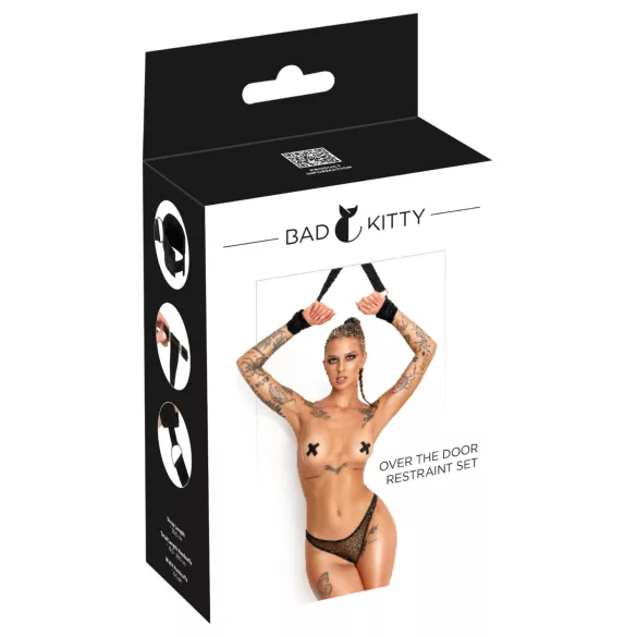 Bad Kitty - zestaw kajdanek na nadgarstki do zawieszenia na drzwi (czarny)