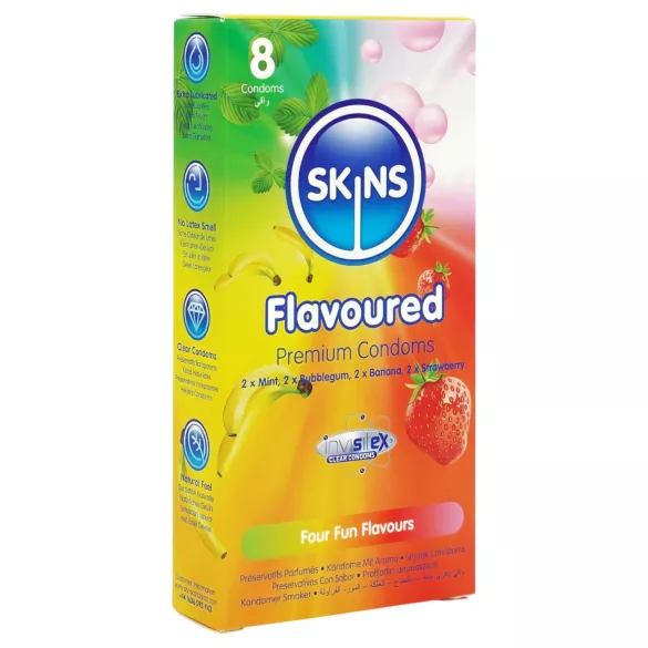 Skins - prezerwatywy smakowe - mięta, guma do żucia, banan, truskawka (8 szt.)