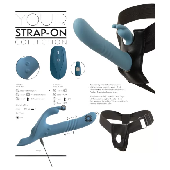 You2Toys - 3‑częściowy przypinany wibrator pchający z króliczkiem z pilotem (niebieski)