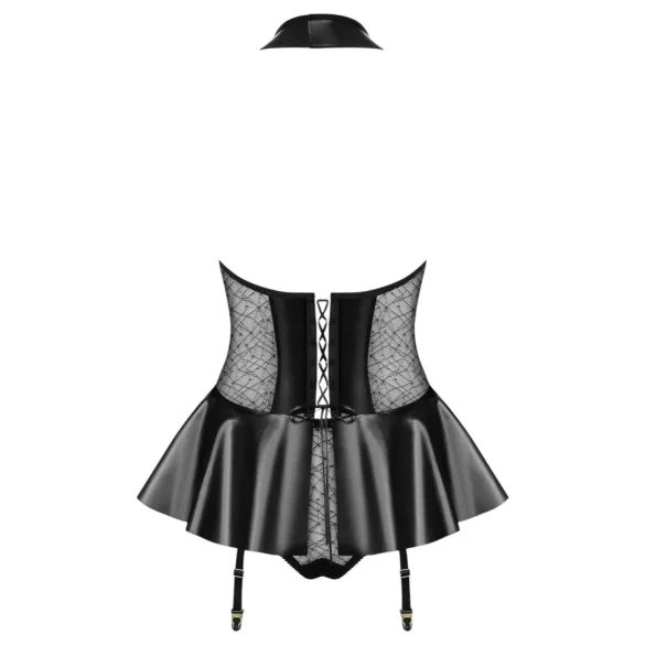 Obsessive - gorset i stringi o lakierowanym efekcie (czarne) - L/XL