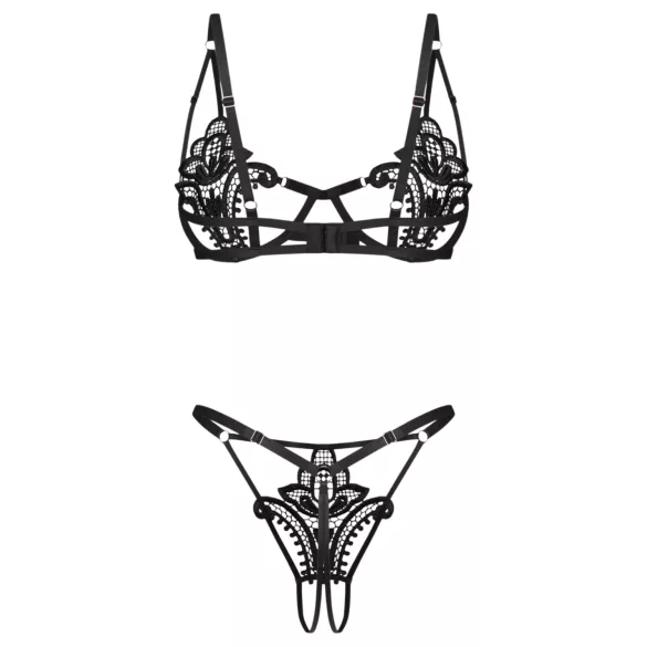 Obsessive Luise - dwuczęściowy komplet bielizny w tulipany (czarny) - L/XL