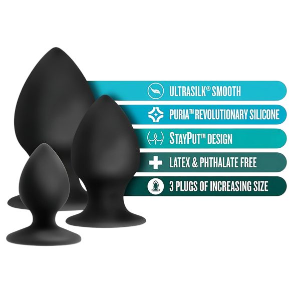 Anal Adventures Platinum Stout - zestaw korków analnych - 3 sztuki - czarne